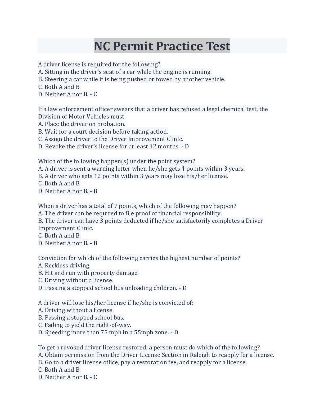 Preview image for NC Permit Practice Test 100% Questions And Answers